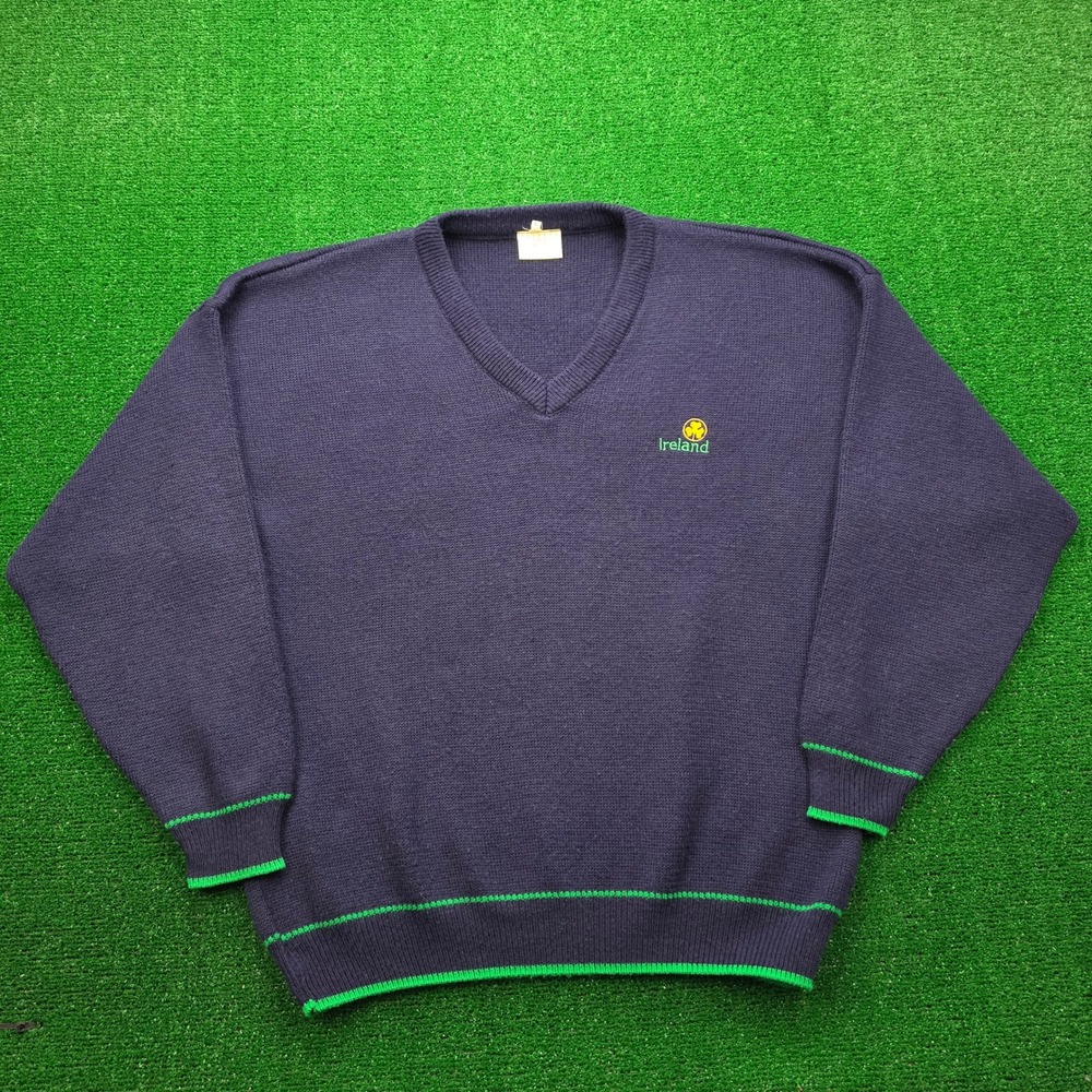 Vintage Blarney Woollen Mills Sweater Mens Large Navy V-Neck Ireland Shamrock